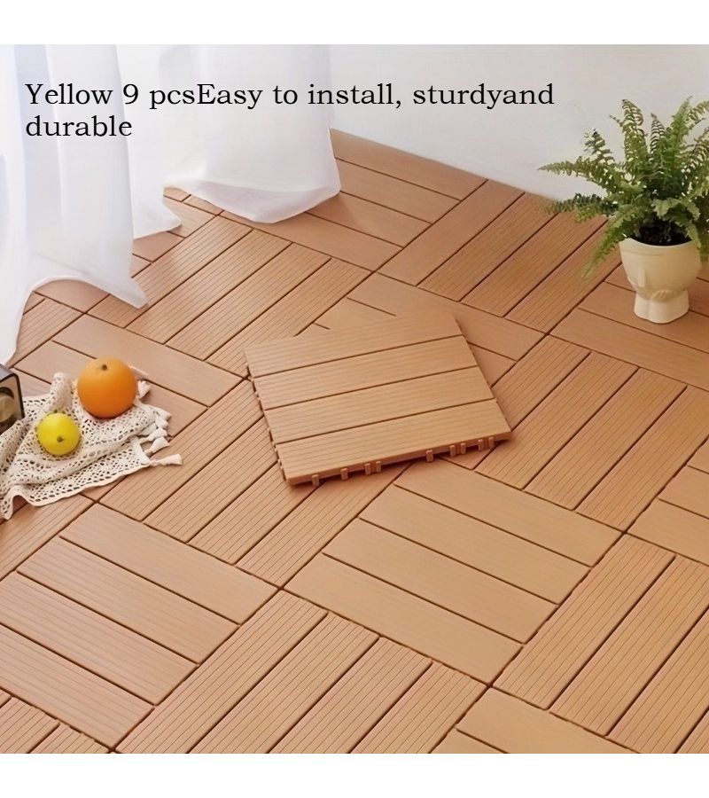 Set Of 9 Yellow Interlocking Outdoor Floor Tiles Made Of Thickened Spill Proof Plastic With Straight Grain End For Porch Balcony Patio Poolside And Garden Renovations - Image 1