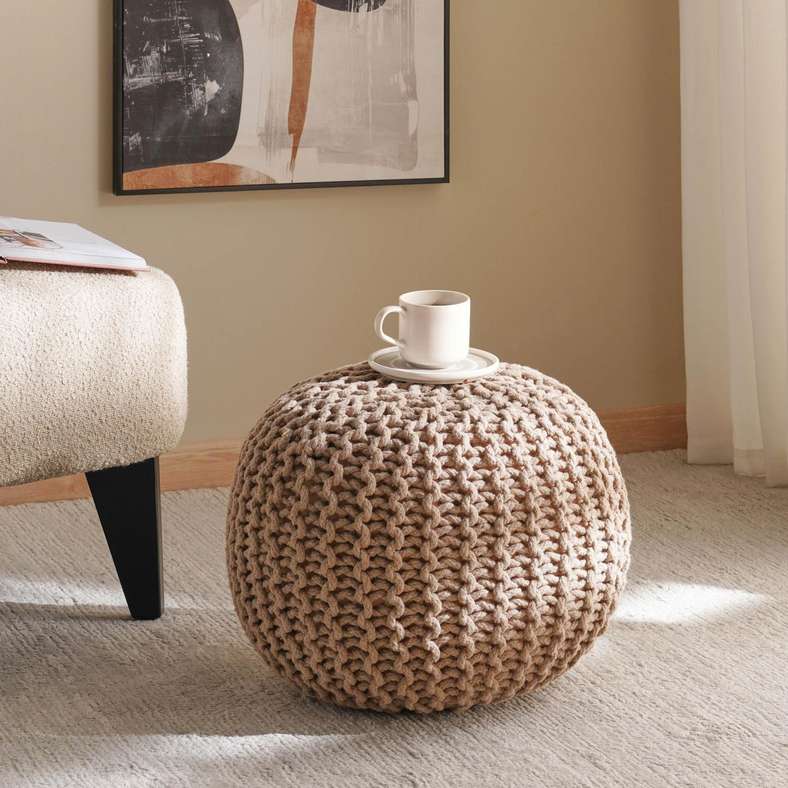 Pan Home Beige Cable Knit Round Pouf for Home