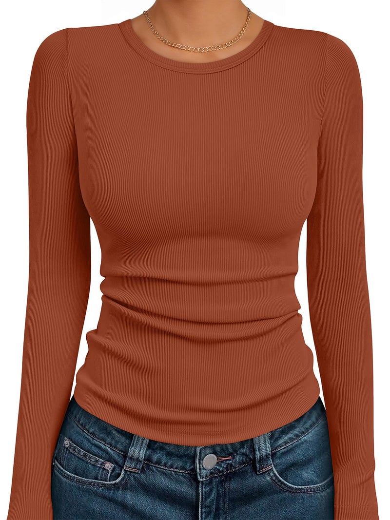 AUTOMET Women's Ribbed Long Sleeve Basic Top - Soft Stretch Crewneck Shirt for Work & Casual Maple XL - Image 1