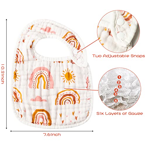 Zainpe 6Pcs Snap Muslin Cotton Bibs for Baby Rainbow Sun Star Adjustable Feeding Bib, Machine Washable Unisex Burp Cloths with 6 Absorbent Soft Layers for Infant Newborn Toddler Drooling Teething - Image 2