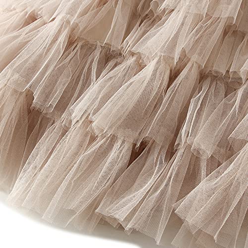 Dirholl Women's A-Line Fairy Patterned Elastic Waist Ruffle Tulle Layered Midi Skirt Tutu B Apricot - Image 4