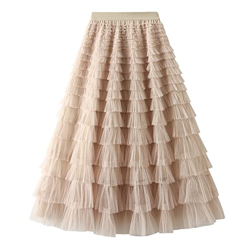 Dirholl Women's A-Line Fairy Patterned Elastic Waist Ruffle Tulle Layered Midi Skirt Tutu B Apricot - Image 1