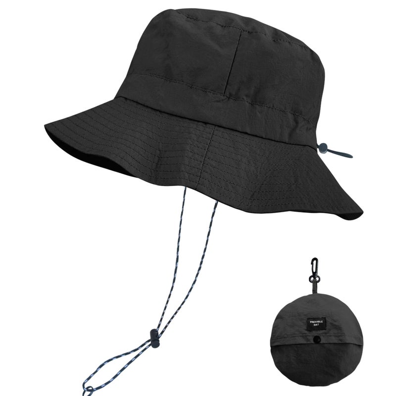 PFFY Packable Sun Bucket Hat for Men UV Protection Sun Hats Waterproof Lightweight Hiking Outdoor Cap Black - Image 2
