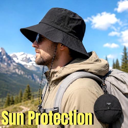 PFFY Packable Sun Bucket Hat for Men UV Protection Sun Hats Waterproof Lightweight Hiking Outdoor Cap Black - Image 3