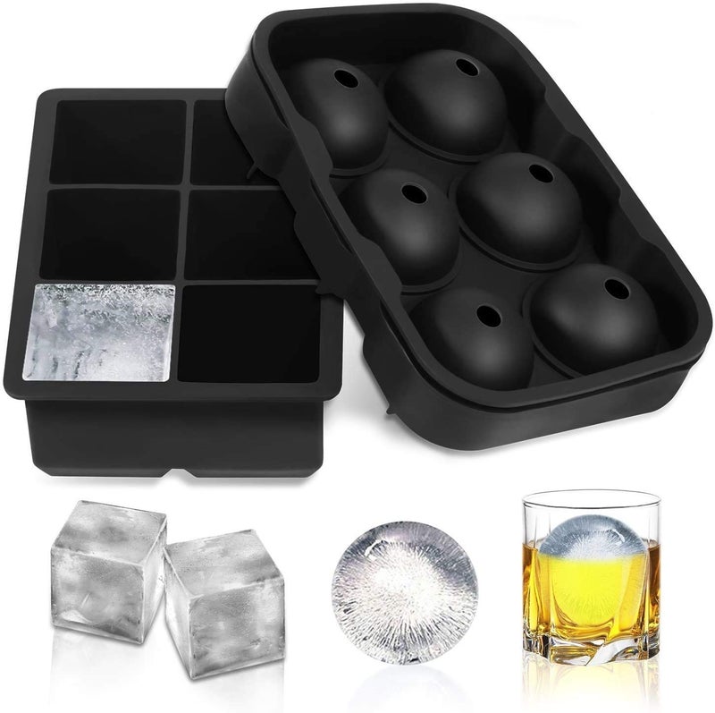 MoldBerry 6 Grid Big Size Ice Cube Ice Ball Mould Combo Square 17 X 117 X 5 cm 2 in Cube Round 183 X 125 X 5 cm 175 in Ball Pack of 2 Black Color - Image 1