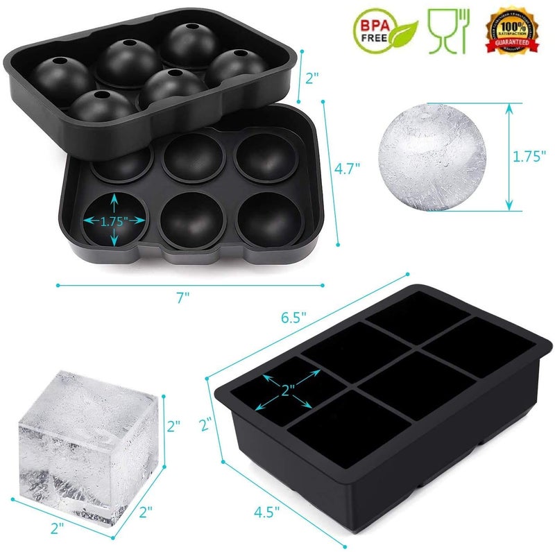 MoldBerry 6 Grid Big Size Ice Cube Ice Ball Mould Combo Square 17 X 117 X 5 cm 2 in Cube Round 183 X 125 X 5 cm 175 in Ball Pack of 2 Black Color - Image 2