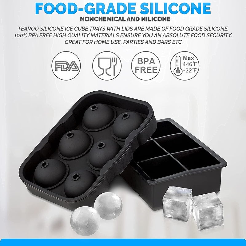 MoldBerry 6 Grid Big Size Ice Cube Ice Ball Mould Combo Square 17 X 117 X 5 cm 2 in Cube Round 183 X 125 X 5 cm 175 in Ball Pack of 2 Black Color - Image 3