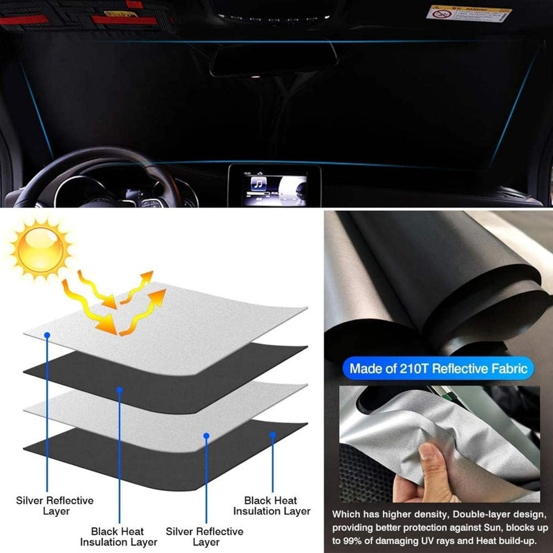 Aputue Windshield Sun Shade, Foldable Double Layer Front Auto Automotive Shield Pouch, High Density Silver Fabric Cover Blocker Heat Reflector, Universal Accessories for Vehicle Car SUV Sedan - Image 2