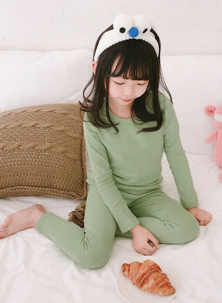 Kids Solid Color Thermal Underwear Set Cotton Soft Long Johns Base Layer Top & Bottom Children's Pajama Set Matcha Green