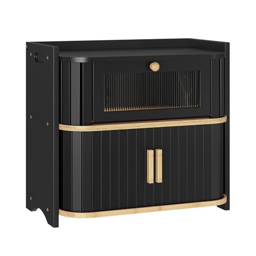 HOOBRO Bread Box Bamboo Bread Box for Kitchen Countertop 2 Tier RollTop Bread Bin Food Storage Box Bread Storage Container for Kitchen Dining Room Black and Natural BK16MB01 - Image 1