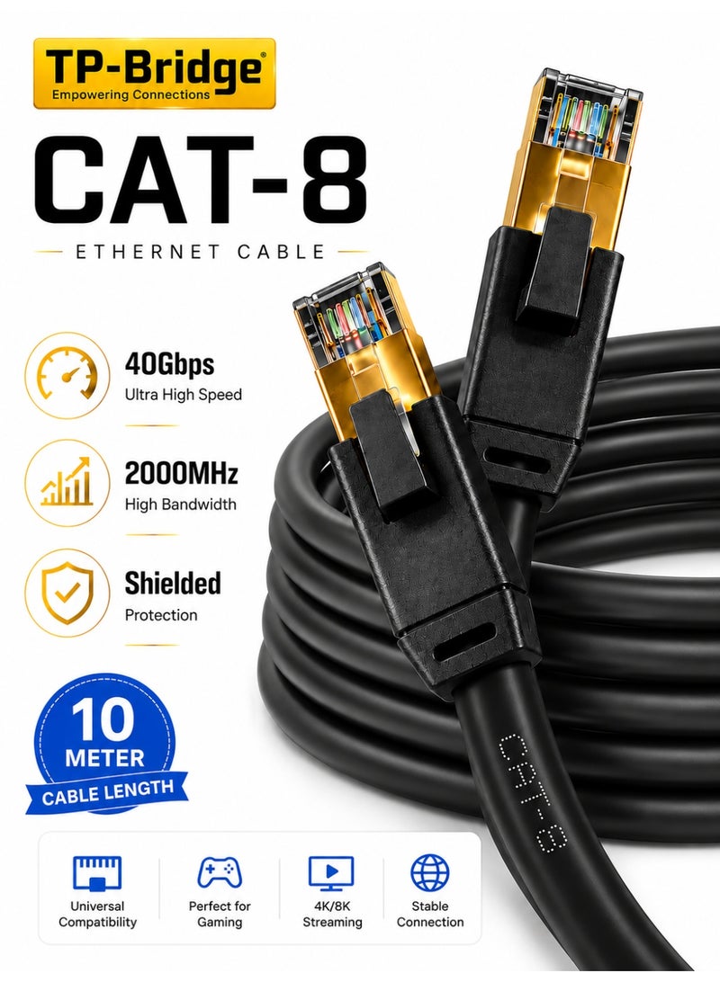 تي بي بردج كابل إيثرنت CAT-8 بطول 10 أمتار - كابل شبكة LAN فائق السرعة 40 جيجابت في الثانية | كابل إنترنت RJ45 محمي بتردد 2000 ميجاهرتز لأجهزة الألعاب، وأجهزة الكمبيوتر، وأجهزة الكمبيوتر المحمولة، وPS5 - Image 1