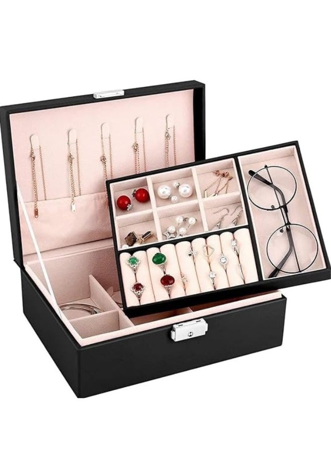 Lukadah - Jewelry Box Organizer Case Women Girls : Large Display Storage, Travel Jewel Holder, Removable Tray, Earrings, Necklace, Bracelet Lockable Partition - Soft Velvet. Sister, Wife, Wedding Gift - Black - Image 1