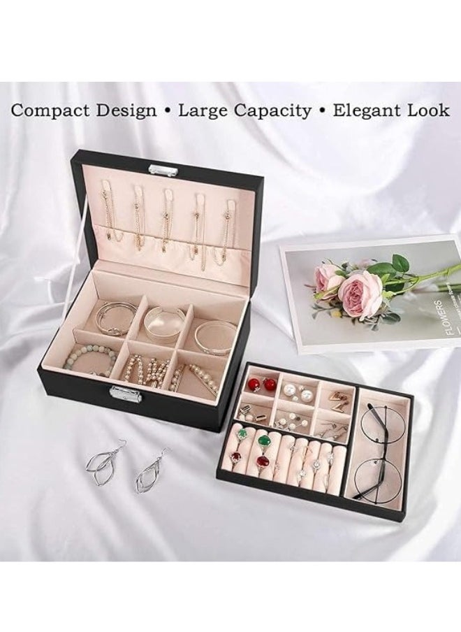 Lukadah - Jewelry Box Organizer Case Women Girls : Large Display Storage, Travel Jewel Holder, Removable Tray, Earrings, Necklace, Bracelet Lockable Partition - Soft Velvet. Sister, Wife, Wedding Gift - Black - Image 1