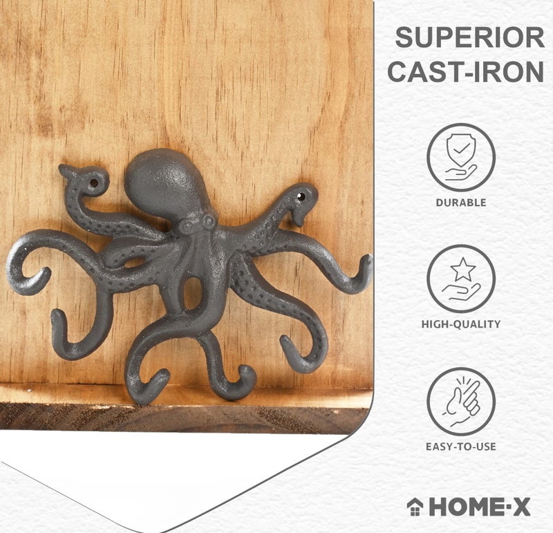 Home-X Cute Octopus Cast-Iron Key Holder, Decorative Key Holder for Wall for a Nautical-Themed Room, 8 ¾” L x 6 ¾” W x 1 ¼” H, Rustic Brown - Image 5