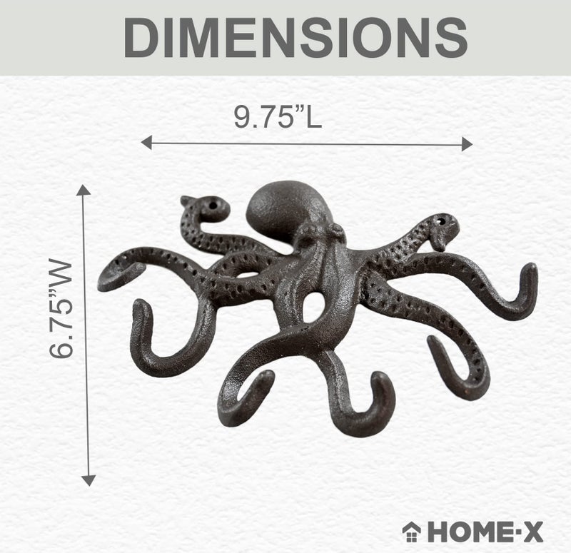 Home-X Cute Octopus Cast-Iron Key Holder, Decorative Key Holder for Wall for a Nautical-Themed Room, 8 ¾” L x 6 ¾” W x 1 ¼” H, Rustic Brown - Image 4