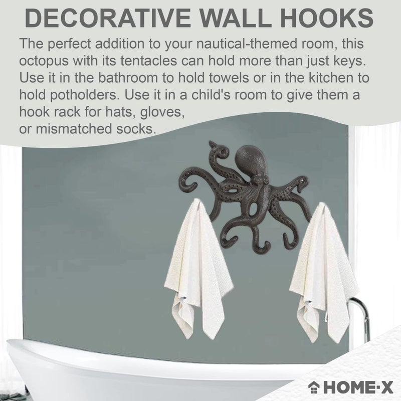 Home-X Cute Octopus Cast-Iron Key Holder, Decorative Key Holder for Wall for a Nautical-Themed Room, 8 ¾” L x 6 ¾” W x 1 ¼” H, Rustic Brown - Image 3