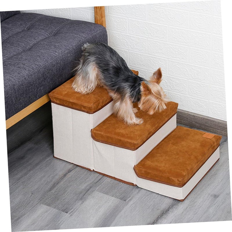 SHINEOFI Foldable Three-Step Pet Stair Dog Ladder with Storage Case Compact Puppy Stair for Small Dogs Brown Folding Steps for Indoor Beds and Furniture - Image 3
