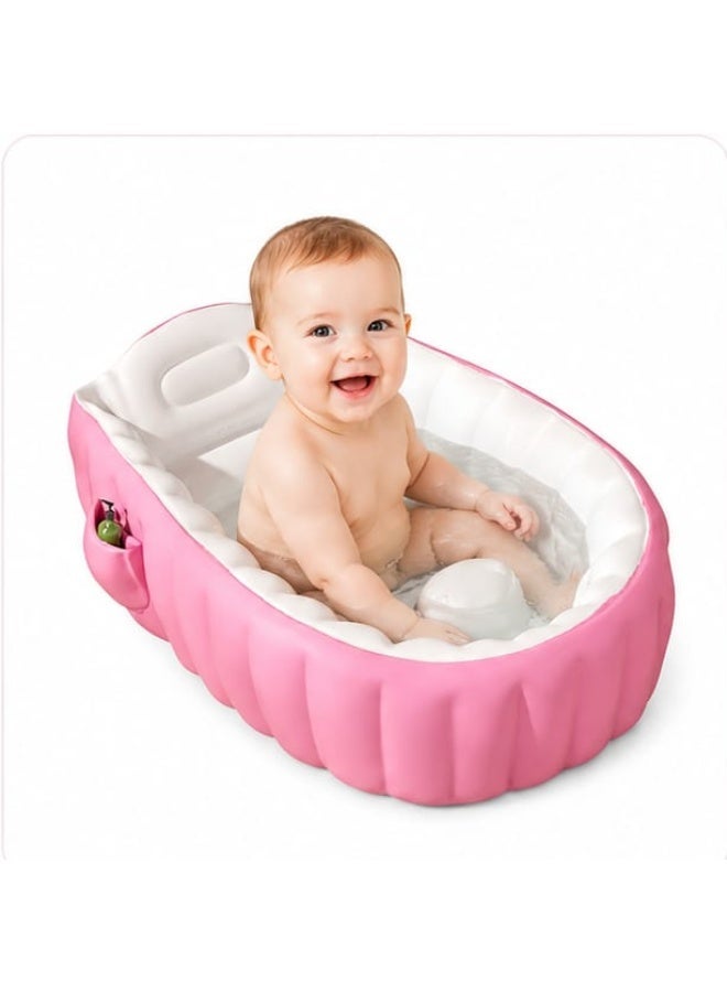 Baby Inflatable Bathtub Pink Portable Infant Toddler Non Slip Travel Bath Tub Thick Foldable Cushion Backrest Side Pocket Shower Basin Girls 0-3Yrs - Image 1