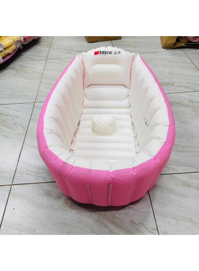 Baby Inflatable Bathtub Pink Portable Infant Toddler Non Slip Travel Bath Tub Thick Foldable Cushion Backrest Side Pocket Shower Basin Girls 0-3Yrs - Image 2