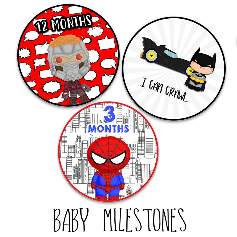 Silly Goose Gifts Silly Goose Gifts Superhero Character Themed Baby Milestone Stickers for First Year Month to Month Photo Prop Infant Onesie Growth Chart Shower Registry Gift Scrapbook Keepsake Set of 18