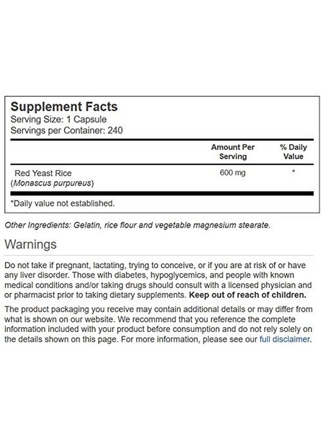 Vitacost Brand Vitacost Red Yeast Rice 600 Mg 240 Capsules - Image 3