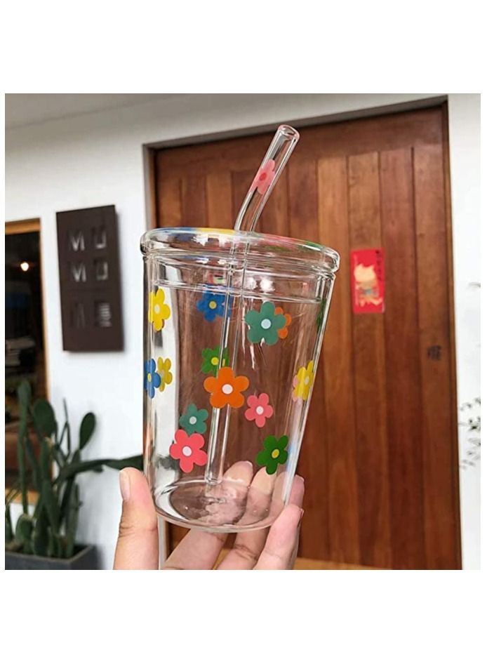 نيبمينينت Glass Water Cup, Milk Cup with Straw and Lids, Reusable Double-Wall Coffee Heat Resisting Cute Clear Milkshake for Juice Hot Cold Water, Tea, Matcha, 300ml Travel (Colorful Stars) - Image 4