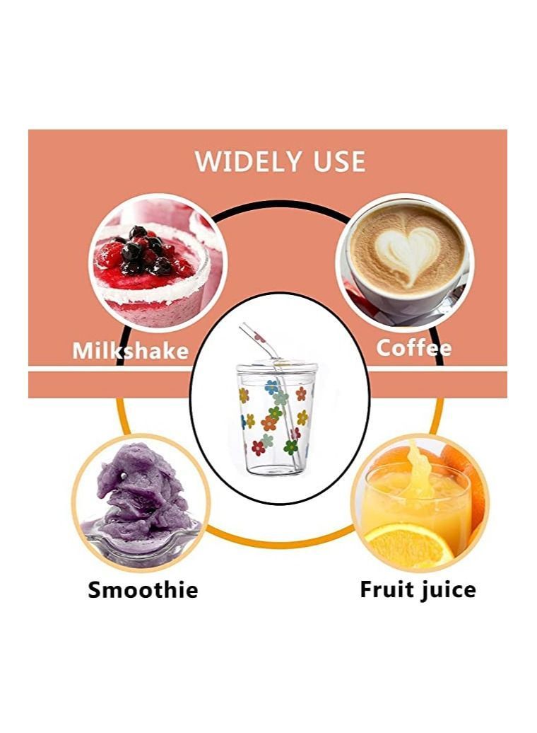نيبمينينت Glass Water Cup, Milk Cup with Straw and Lids, Reusable Double-Wall Coffee Heat Resisting Cute Clear Milkshake for Juice Hot Cold Water, Tea, Matcha, 300ml Travel (Colorful Stars) - Image 2