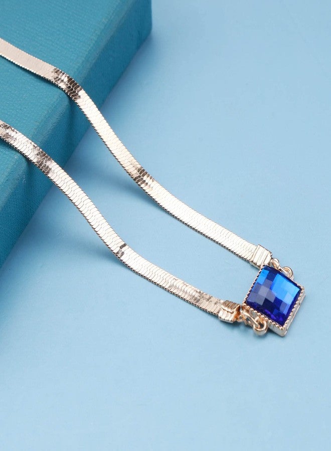 Yheakne Boho Blue Sapphire Choker Necklace Gold Herringbone Chain Necklaces Vintage Blue Gem Necklaces Square Collar Necklace Chain Jewelry for Women - Image 5
