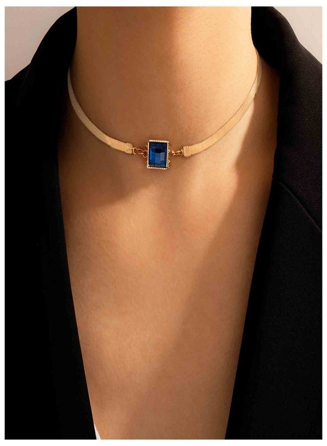 Yheakne Boho Blue Sapphire Choker Necklace Gold Herringbone Chain Necklaces Vintage Blue Gem Necklaces Square Collar Necklace Chain Jewelry for Women - Image 2