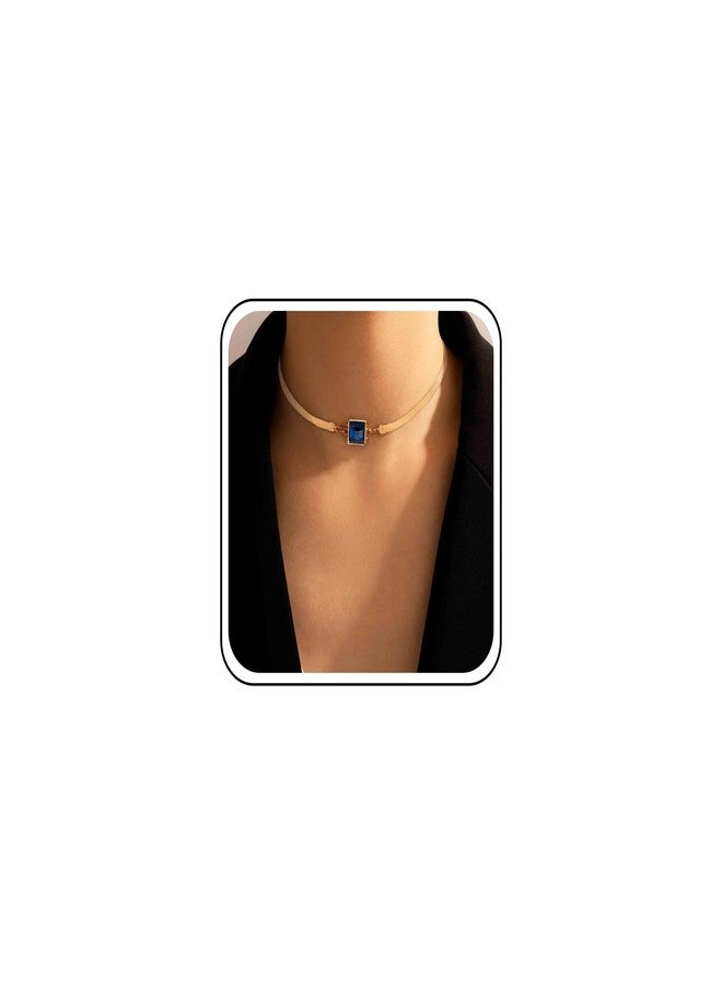 Yheakne Boho Blue Sapphire Choker Necklace Gold Herringbone Chain Necklaces Vintage Blue Gem Necklaces Square Collar Necklace Chain Jewelry for Women - Image 1