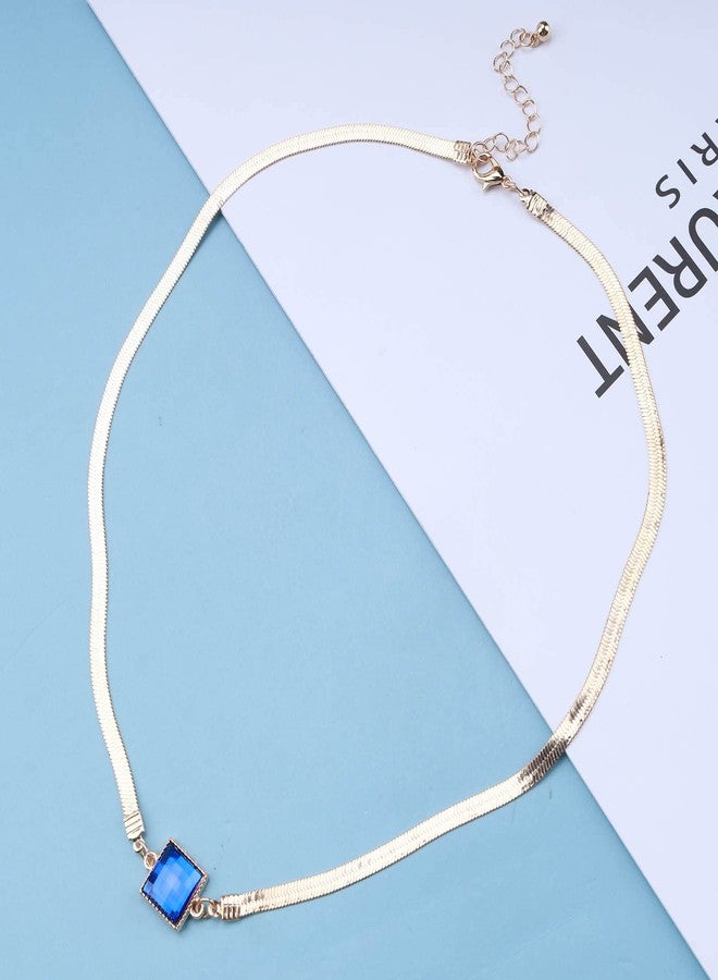 Yheakne Boho Blue Sapphire Choker Necklace Gold Herringbone Chain Necklaces Vintage Blue Gem Necklaces Square Collar Necklace Chain Jewelry for Women - Image 4