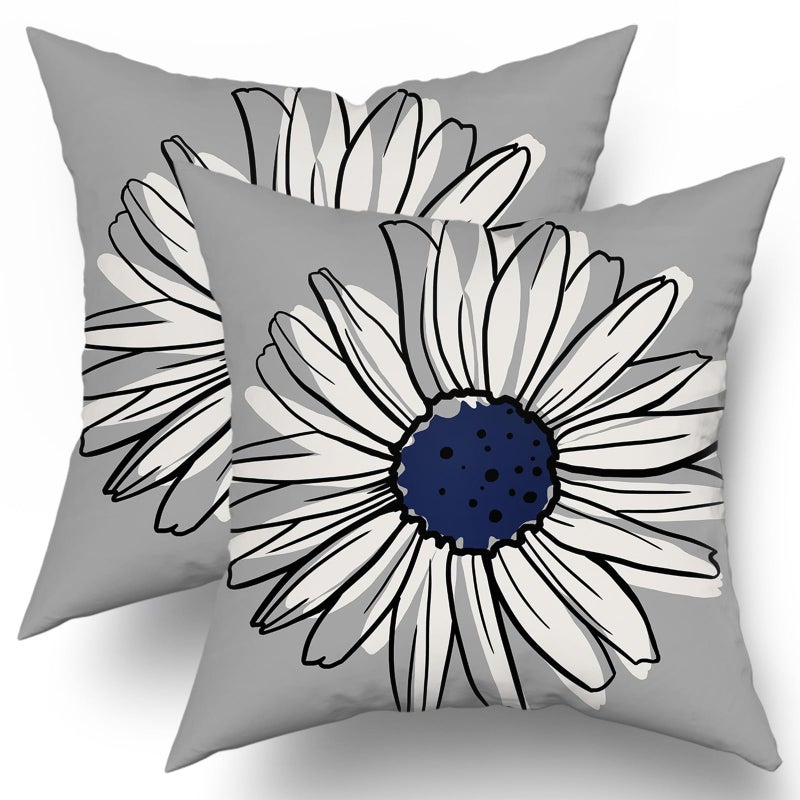aportt Navy Blue Gray Daisy Pillow Covers 18X18 in Spring Summer Floral Couch Pillow Cases Modern Abstract Flower Throw Pillows Set of 2 Home Decor for Living Room Bedroom Cushion Outdoor - Image 3