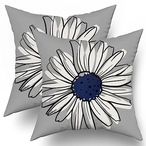aportt Navy Blue Gray Daisy Pillow Covers 18X18 in Spring Summer Floral Couch Pillow Cases Modern Abstract Flower Throw Pillows Set of 2 Home Decor for Living Room Bedroom Cushion Outdoor - Image 1