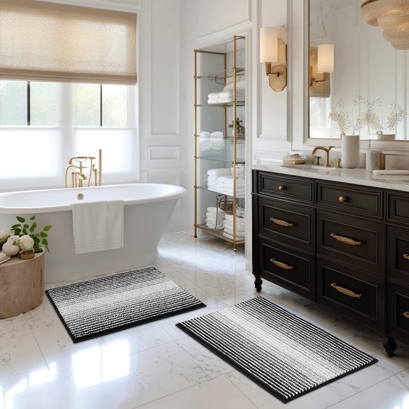 BSICPRO Bathroom Rugs and Mats Sets 2 Piece Thick Absorbent Chenille Bath Mat Set Non Slip Soft Shaggy Bath Room Floor Mats  Machine Washable 20 x 32 Plus 16 x 24 Black