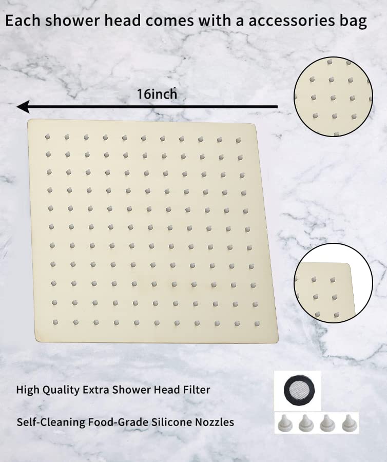 GGStudy High Pressure Square Brushed Gold Shower Head 16 Inches Large Stainless Steel Shower Heads,Ultra Thin Rainfall Bath Shower 1/2 Connection Shower Head Rain - Image 5
