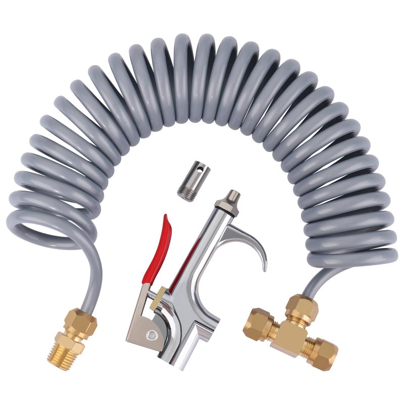 Boeray Heavy Duty Truck Air Seat Blow Gun Kit 1/4 Inch 11.5FT PA Nylon Coil Air Hose Brass Compression Fittings Connect Lever Air Duster Blow Gun Cleaning with 2 Nozzle Tips Gray - Image 1
