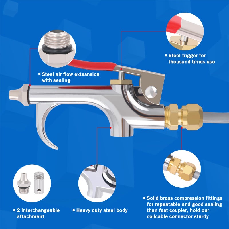 Boeray Heavy Duty Truck Air Seat Blow Gun Kit 1/4 Inch 11.5FT PA Nylon Coil Air Hose Brass Compression Fittings Connect Lever Air Duster Blow Gun Cleaning with 2 Nozzle Tips Gray - Image 2