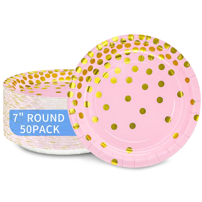 DYLIVeS Pink and Gold Paper Plates 7 inch Metallic Foil Polka Dots Disposable Dessert Party Plates Cocktail Party Supplies Plates for Birthday Bridal Shower Easter Graduation Party 50 Pack