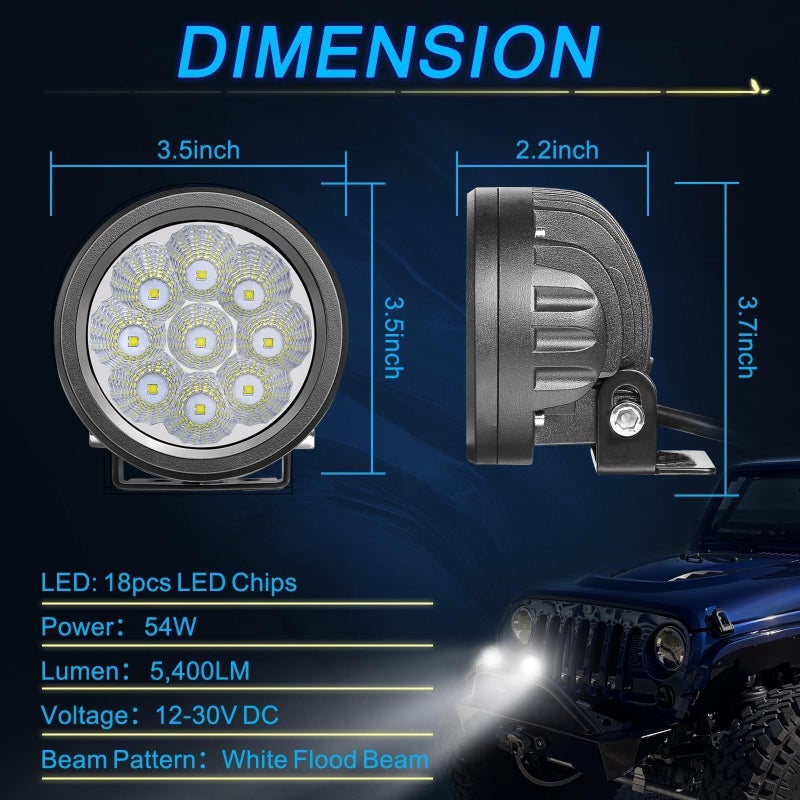 ACEC SHOP Round LED Pods 2PCS 54W 3.5 Inch Round Off Road Lights Fog Lights Offroad Driving Light Flood Light Bars LED Ditch Pods for Wrangler Pickup Truck Toyota SUV ATV UTV Boat - Image 2