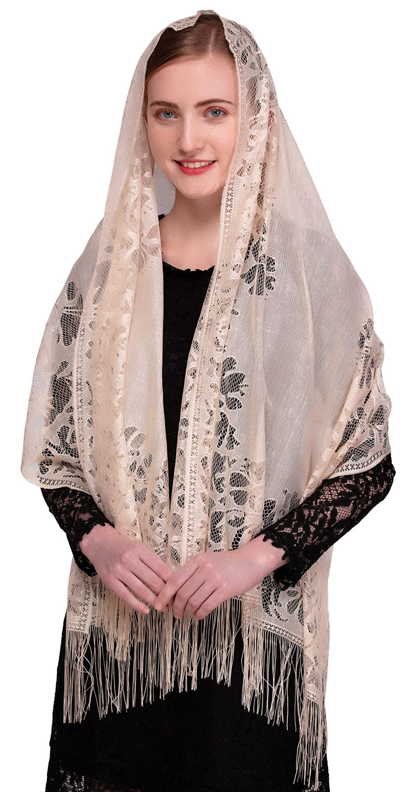 PAMOR Chapel Veil Scarf Mantilla Veils Rectangular Wrap Shawl Mass Head Covering with Fringe Trim (Champagne) - Image 1