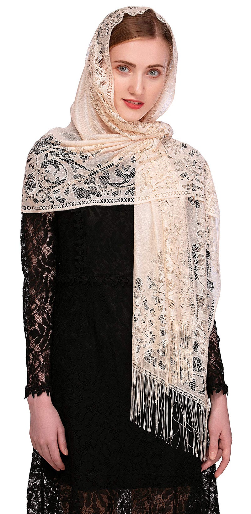 PAMOR Chapel Veil Scarf Mantilla Veils Rectangular Wrap Shawl Mass Head Covering with Fringe Trim (Champagne) - Image 4