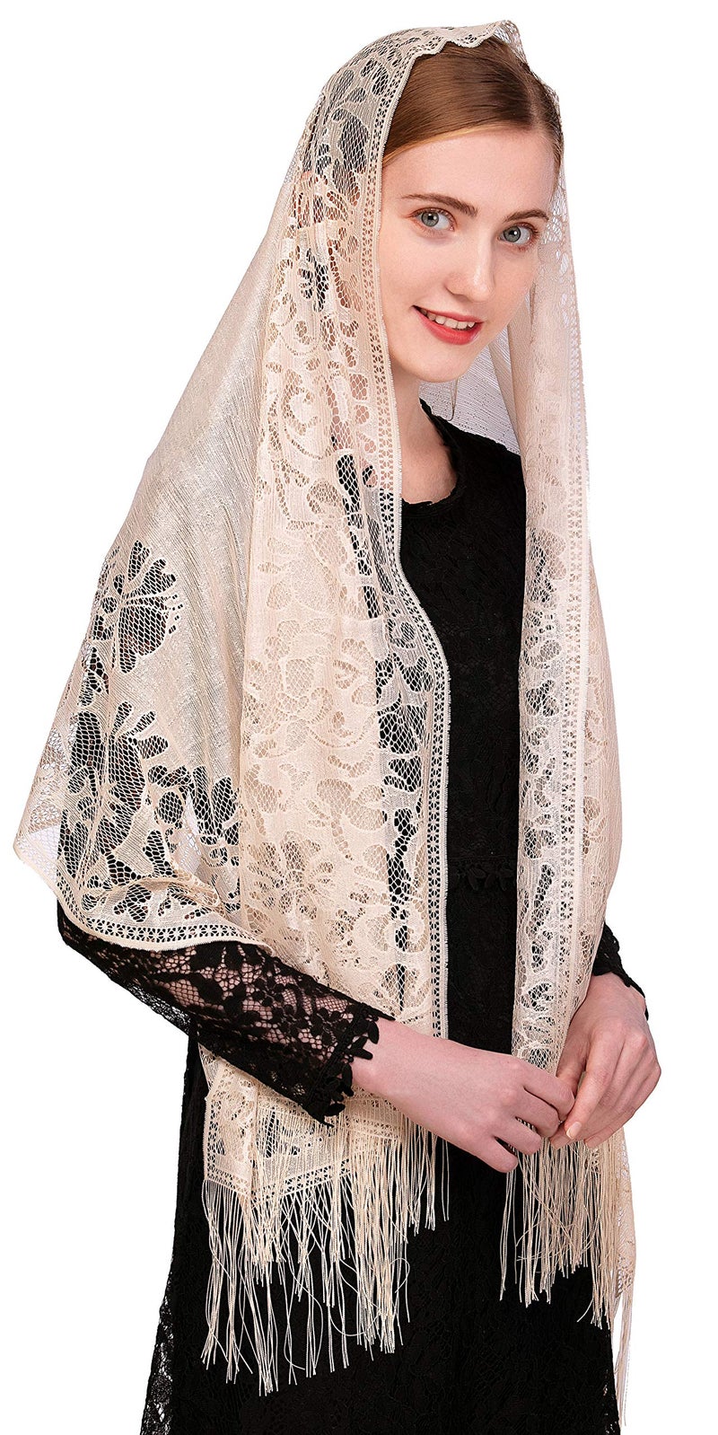 PAMOR Chapel Veil Scarf Mantilla Veils Rectangular Wrap Shawl Mass Head Covering with Fringe Trim (Champagne) - Image 2