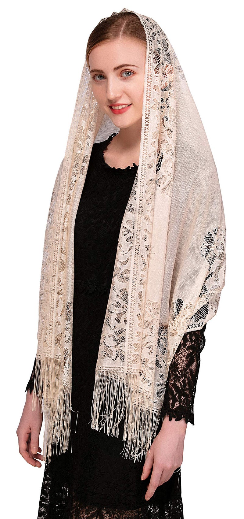 PAMOR Chapel Veil Scarf Mantilla Veils Rectangular Wrap Shawl Mass Head Covering with Fringe Trim (Champagne) - Image 3