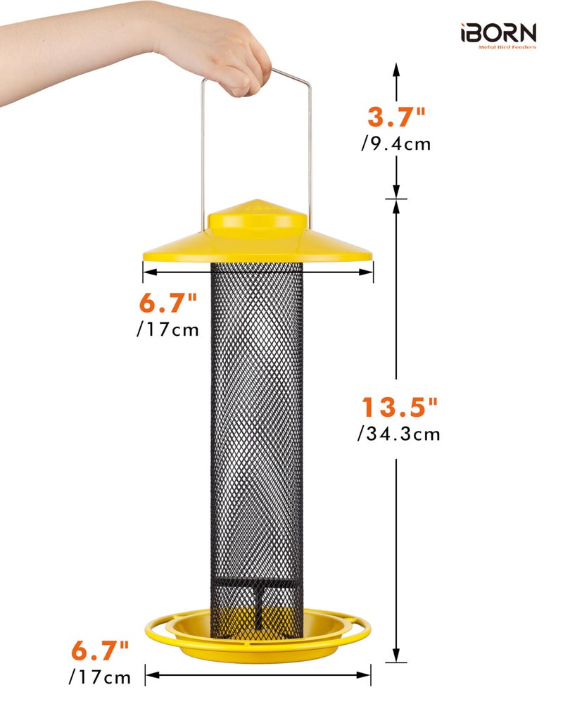 iBorn Finch Feeders for Outside,Thistle Bird Feeders for Outdoors Hanging,Nyjer Seed Feeder,Metal Mesh Tube Bird Feeder 13.5 Inch with 17cm Weatherproof Large Roof and Tray,2 LB Capacity,Yellow - Image 2
