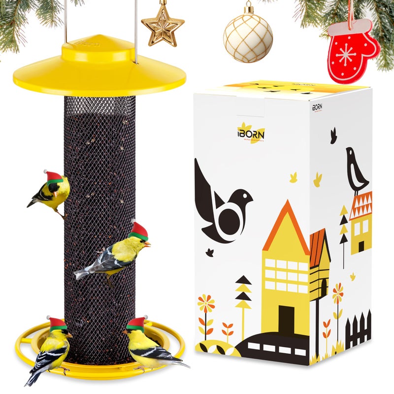 iBorn Finch Feeders for Outside,Thistle Bird Feeders for Outdoors Hanging,Nyjer Seed Feeder,Metal Mesh Tube Bird Feeder 13.5 Inch with 17cm Weatherproof Large Roof and Tray,2 LB Capacity,Yellow - Image 1