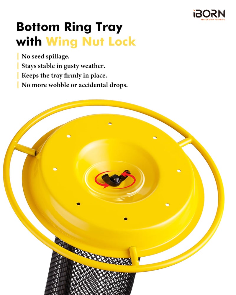iBorn Finch Feeders for Outside,Thistle Bird Feeders for Outdoors Hanging,Nyjer Seed Feeder,Metal Mesh Tube Bird Feeder 13.5 Inch with 17cm Weatherproof Large Roof and Tray,2 LB Capacity,Yellow - Image 5