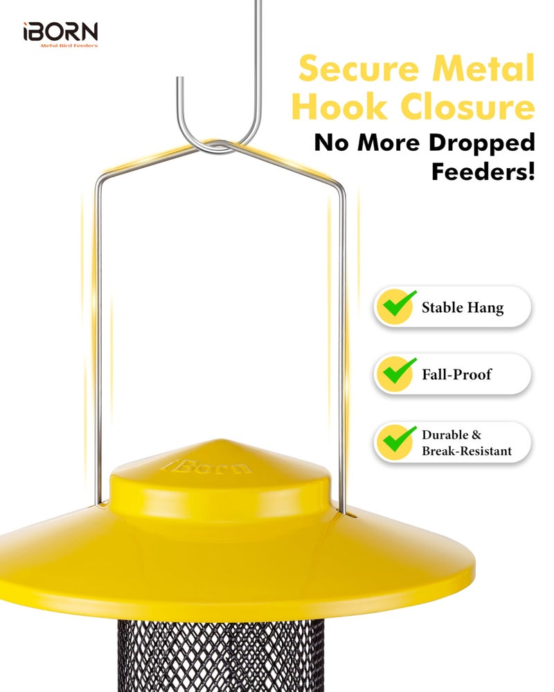 iBorn Finch Feeders for Outside,Thistle Bird Feeders for Outdoors Hanging,Nyjer Seed Feeder,Metal Mesh Tube Bird Feeder 13.5 Inch with 17cm Weatherproof Large Roof and Tray,2 LB Capacity,Yellow - Image 4