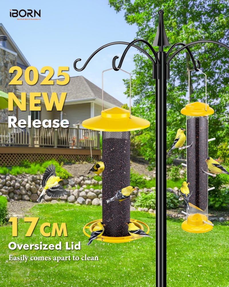 iBorn Finch Feeders for Outside,Thistle Bird Feeders for Outdoors Hanging,Nyjer Seed Feeder,Metal Mesh Tube Bird Feeder 13.5 Inch with 17cm Weatherproof Large Roof and Tray,2 LB Capacity,Yellow - Image 3