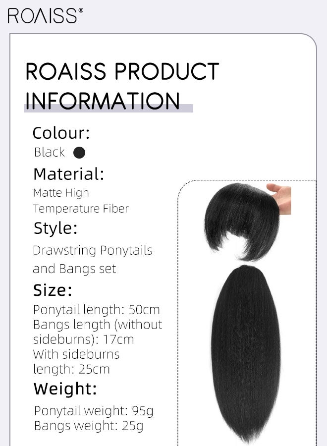 roaiss 2 Pcs Long Straight Drawstring Ponytail and Bangs Set, Heat Resistant Synthetic Thick Straight Bangs with Sideburns, 20-inch Natural and Voluminous Ponytail Wig, Suitable for Girl Daily Use - Image 5