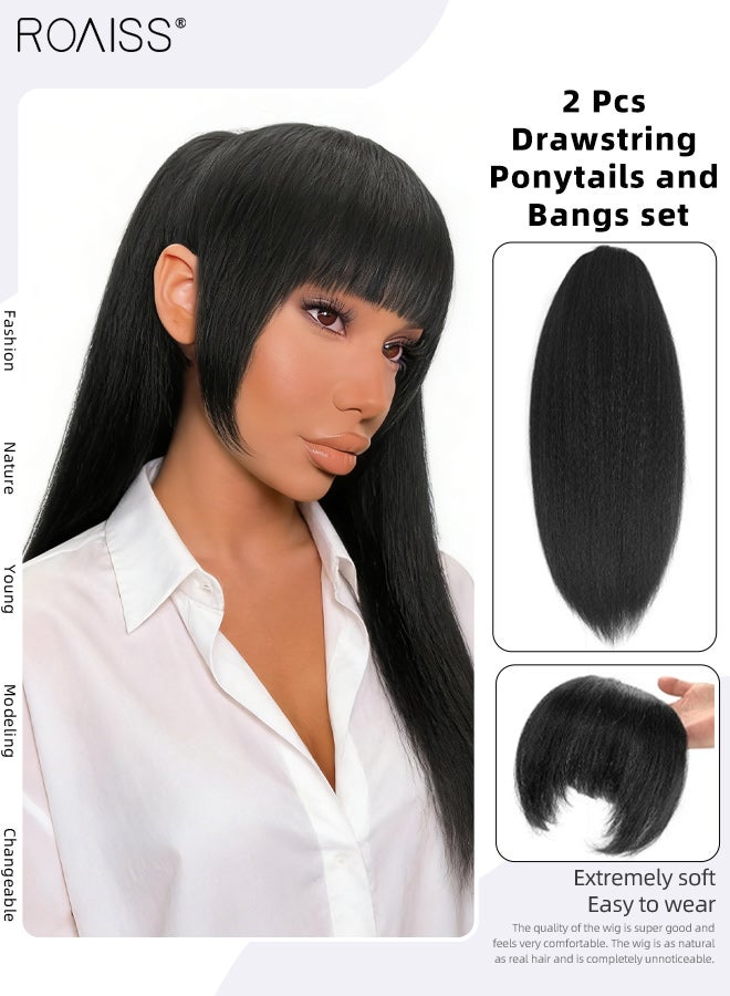 roaiss 2 Pcs Long Straight Drawstring Ponytail and Bangs Set, Heat Resistant Synthetic Thick Straight Bangs with Sideburns, 20-inch Natural and Voluminous Ponytail Wig, Suitable for Girl Daily Use - Image 1